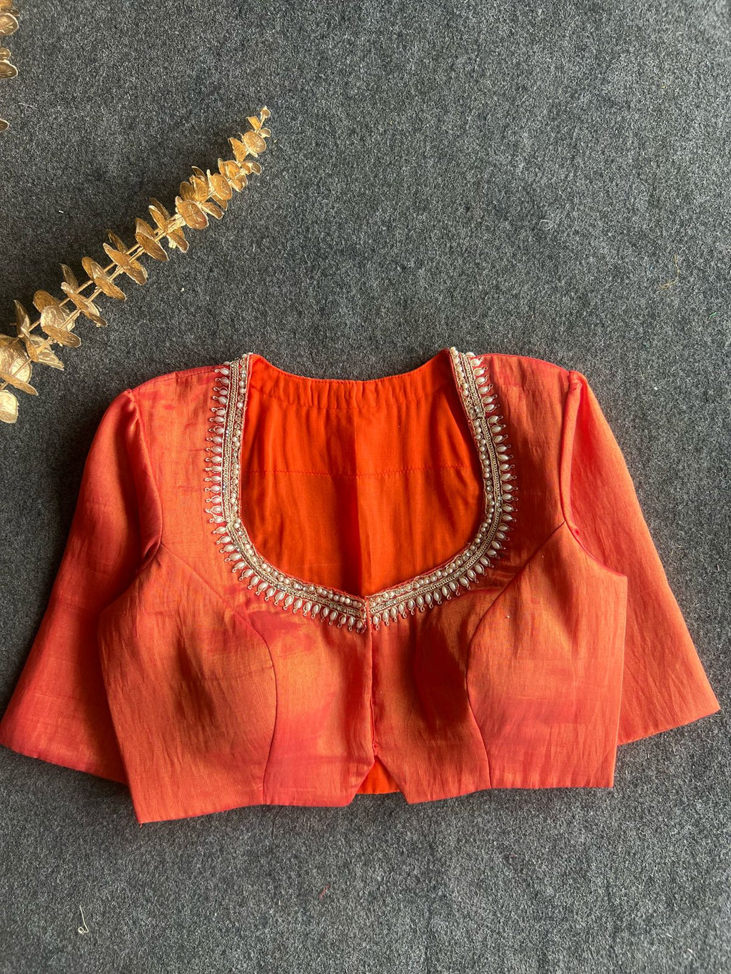 Orange red tissue pearl worked blouse
