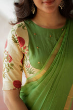 Cream cotton print hand work blouse(only blouse)