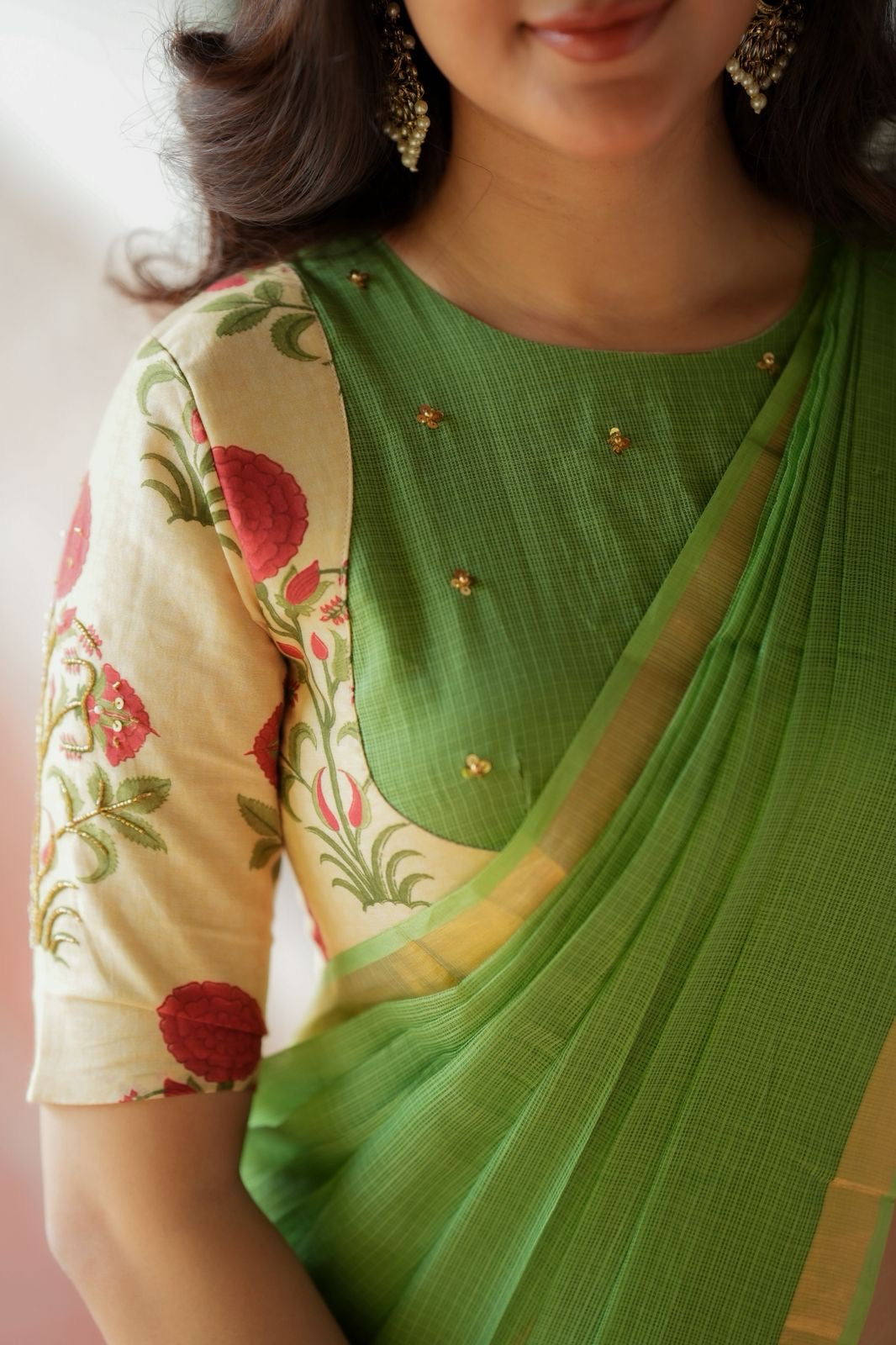 Cream cotton print hand work blouse(only blouse)