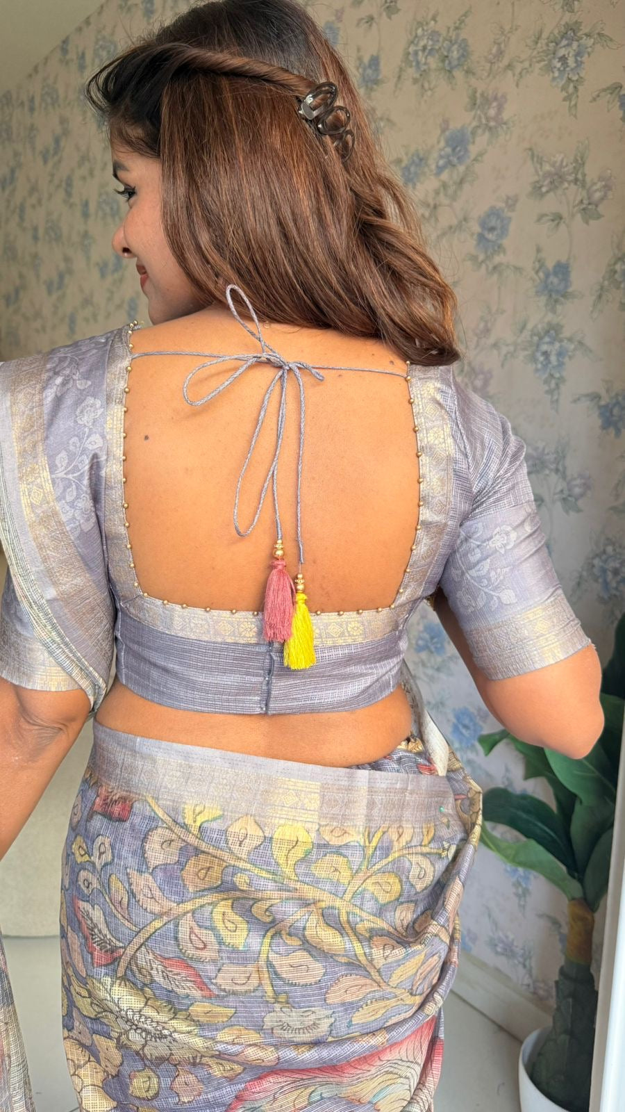 Smokey grey linen cotton kalamkari saree with pearl work blouse