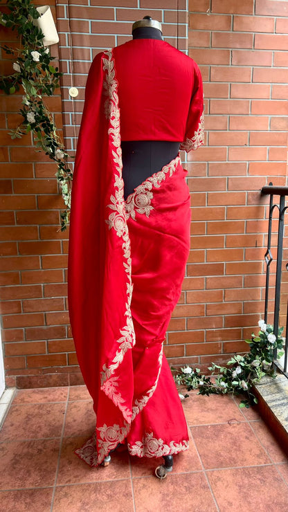 Red Gajji silk saree with heavy embroidery blouse
