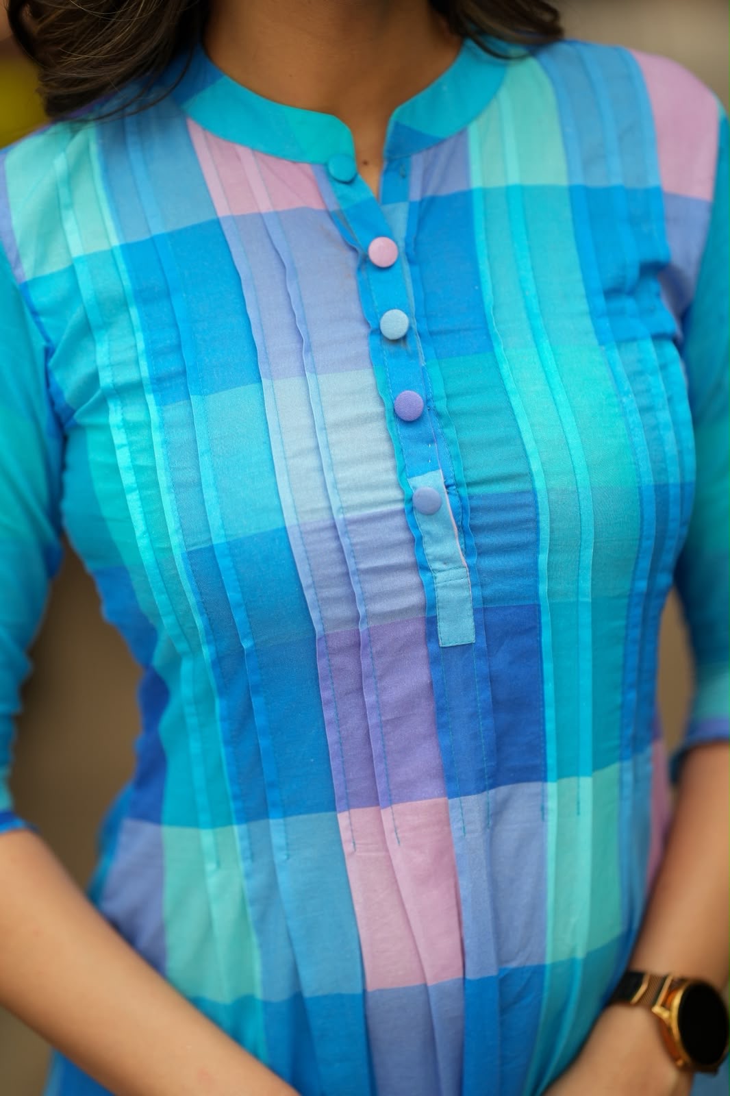 Blue checked cotton 2 piece kurti