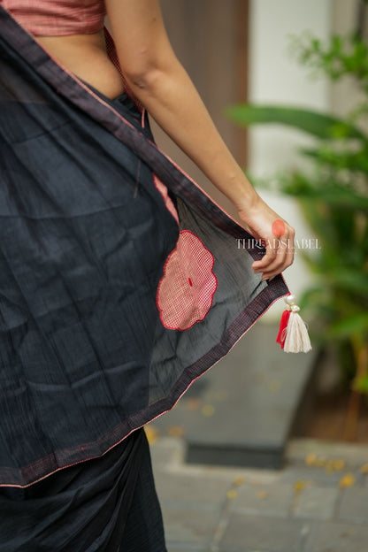 Black mul chanderi saree with pink embroidery blouse