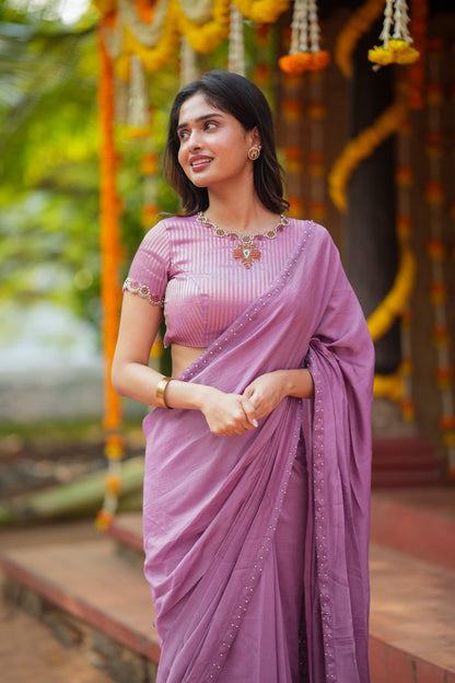 Lavender marble saree with Jewel neck handwork blouse
