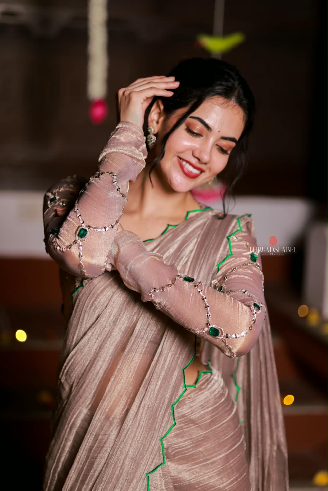 Dusty silver tissue hand made saree & blouse