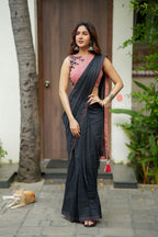 Black mul chanderi saree with pink embroidery blouse