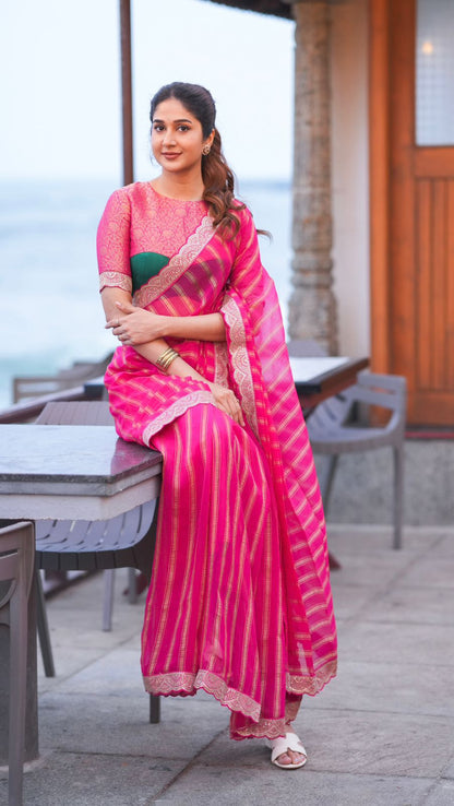 Pink organza silk saree with banarasi blouse