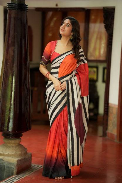 Black & white stripped kossa designer saree