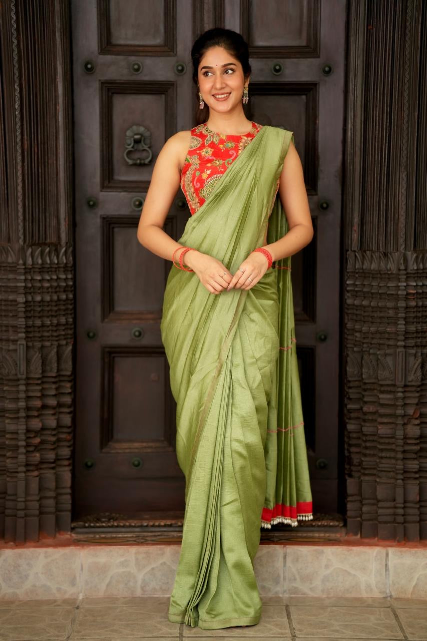Green marble silk saree with heavy embroidery blouse