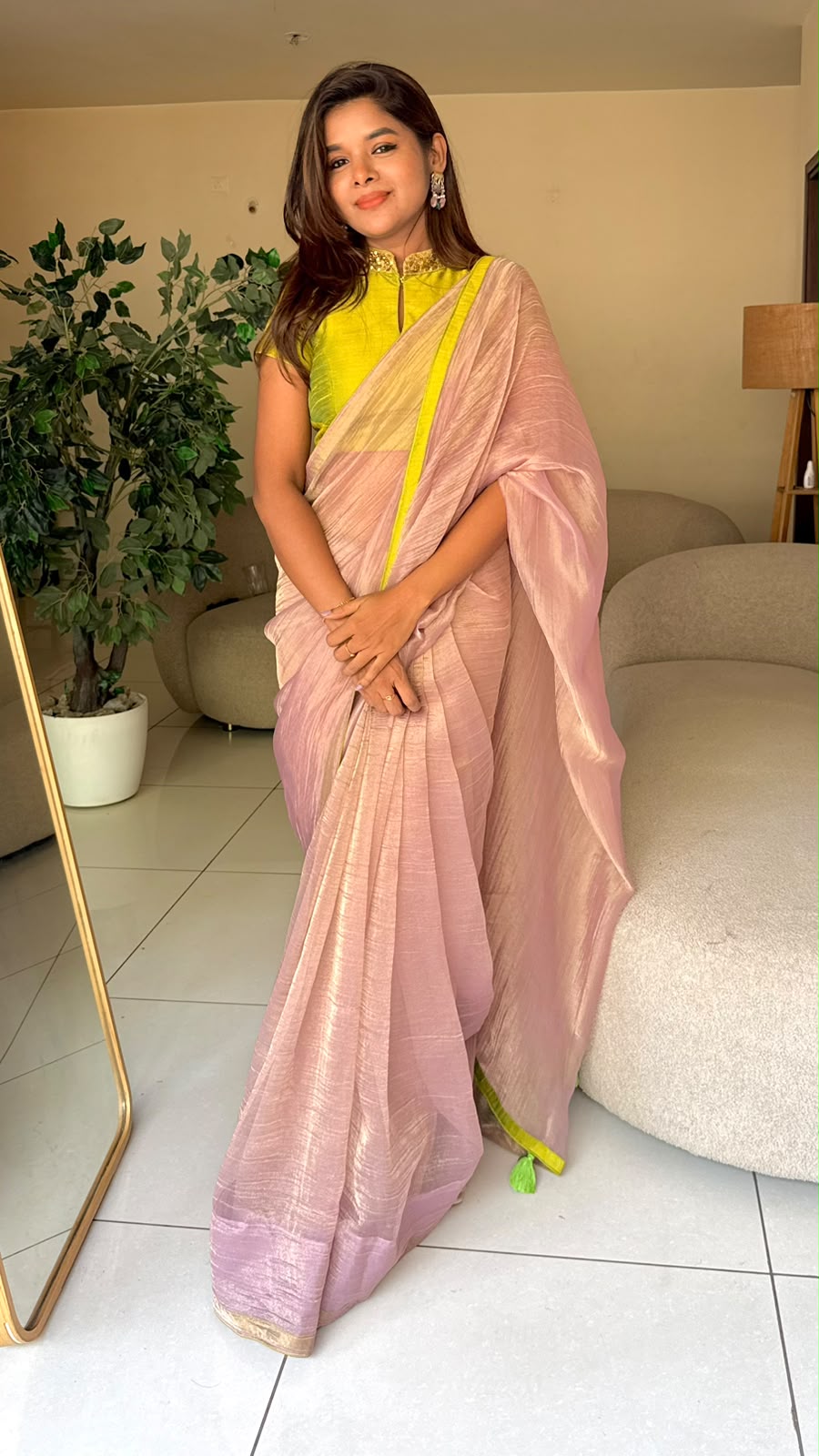 Purple pink tissue saree with hand work blouse