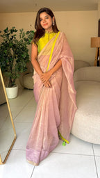 Purple pink tissue saree with hand work blouse