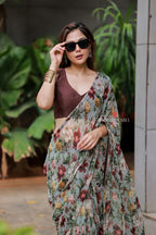 Sage green floral chiffon saree with hand work blouse