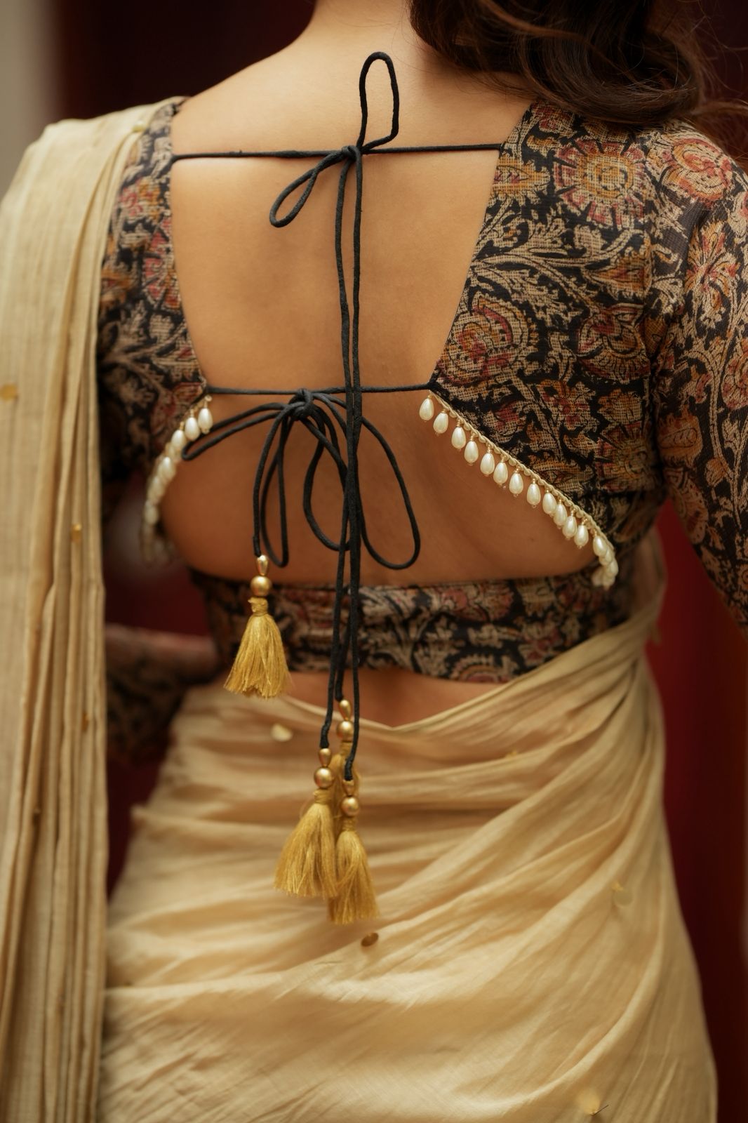 Cream malai chanderi saree with Ajrak print blouse