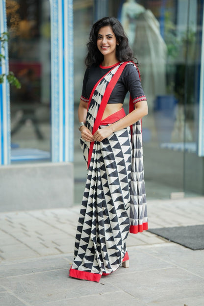Black & white triangle saree with black hand work blouse