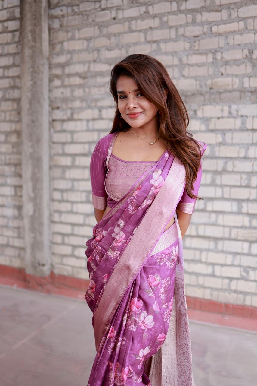 Cheryl pink georgette saree with patterned blouse