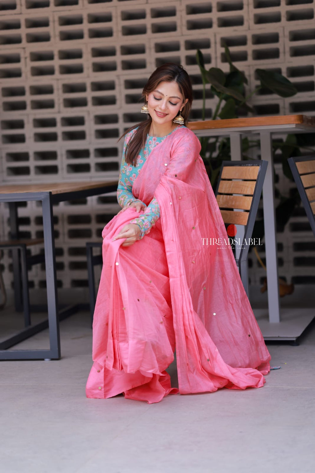Baby pink mul chanderi saree with floral blouse
