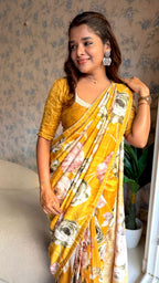Mustard yellow marble saree with pearl work blouse