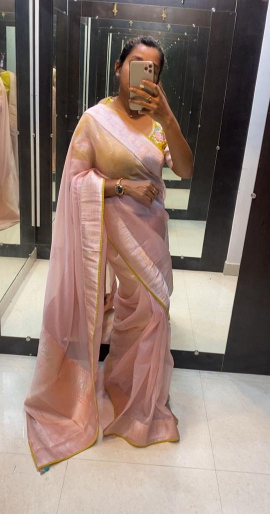Organza peach designer saree with embroidery worked blouse - Threads