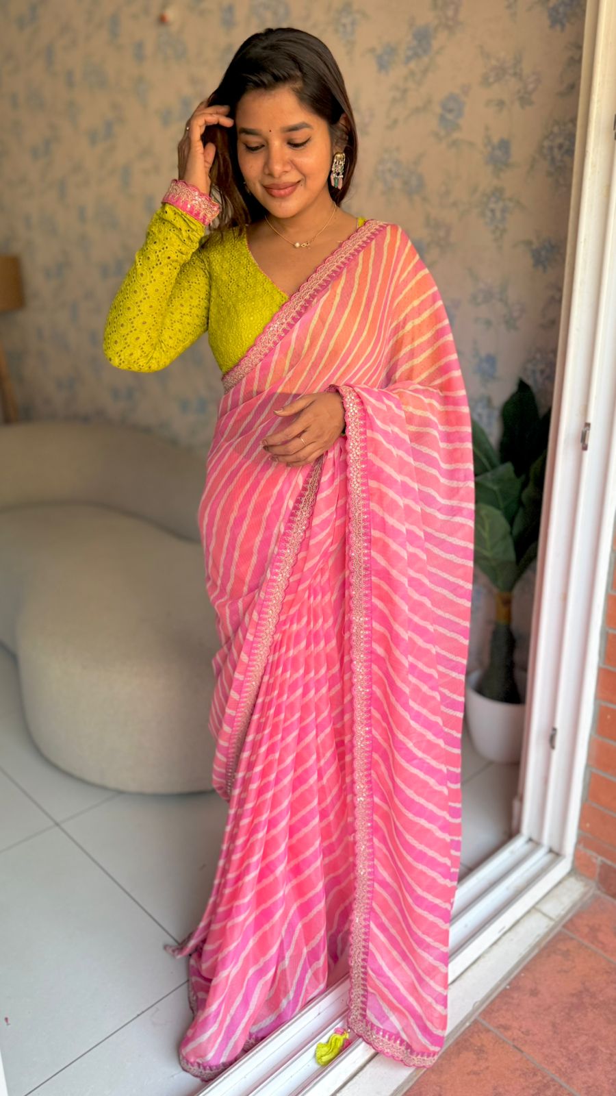 Pink lehariya saree with green hakoba embroidery blouse