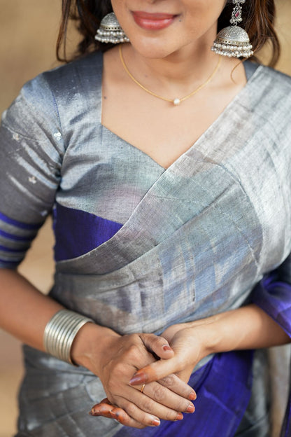 Silver grey blue soft tissue saree with handwork blouse