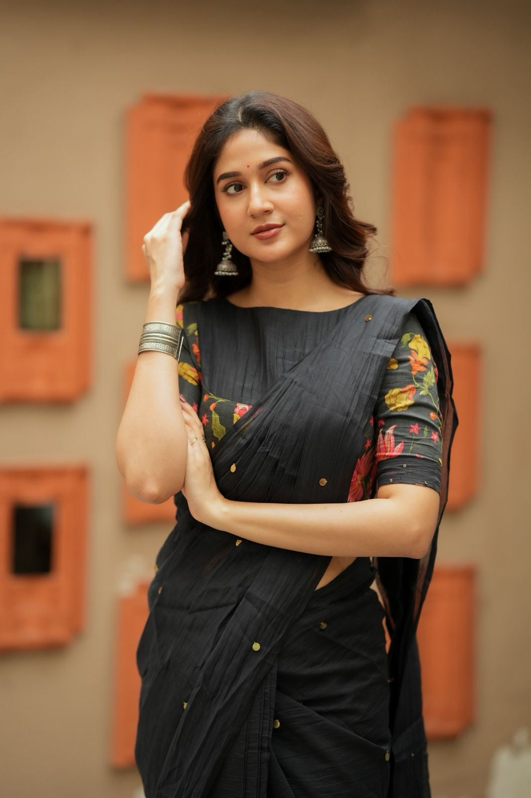 Black chanderi cotton floral print blouse (only blouse)