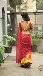 Maroon mul cotton saree with kalamkari mirror blouse