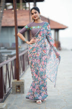 Blue floral georgette saree with grey embroidery blouse