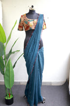 Blue malai cotton saree with kalamkari handwork blouse