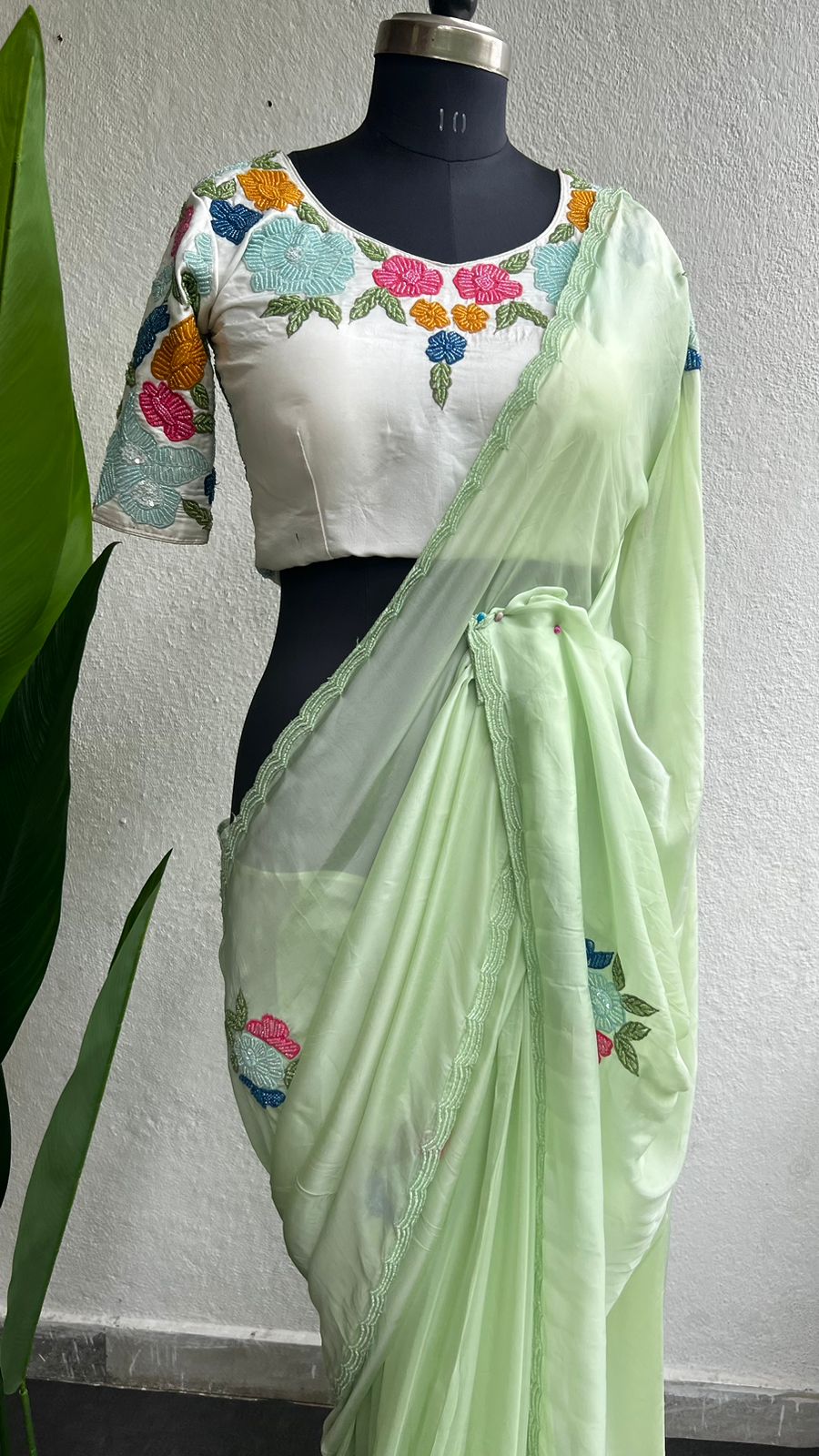 Pista green hand made organza saree & blouse