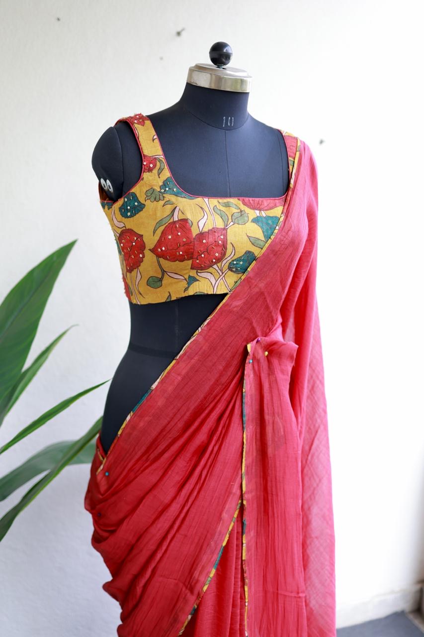 Red chanderi cotton saree with kalamkari handwork blouse