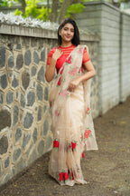 Glossy organza saree with red embroidery blouse