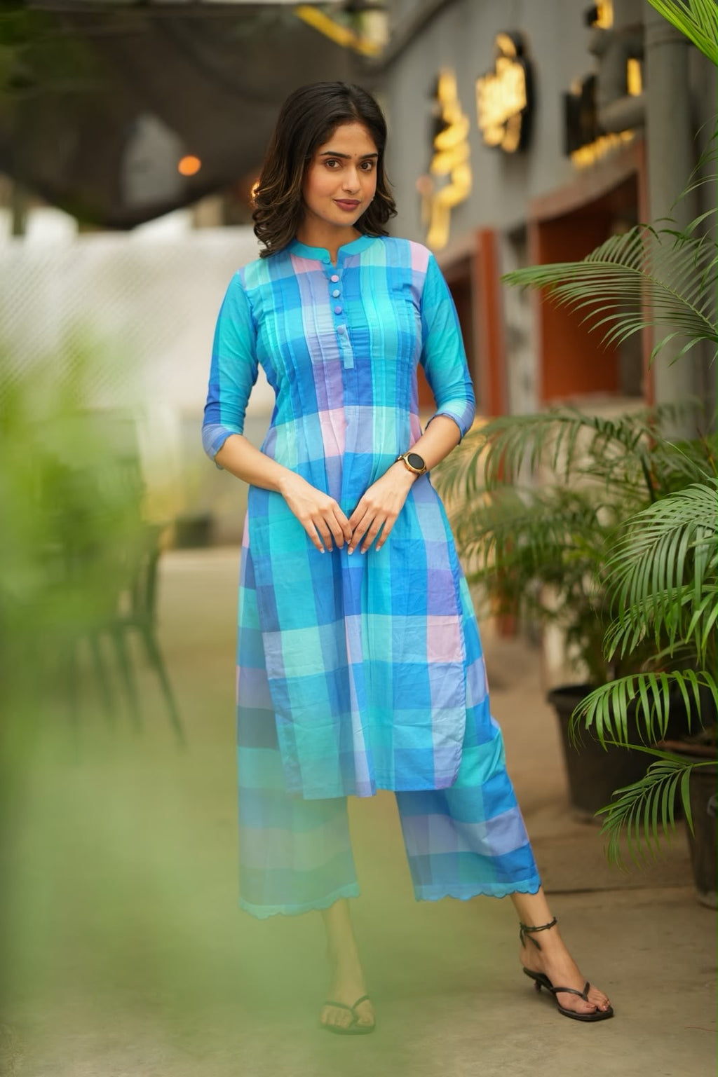 Blue checked cotton 2 piece kurti