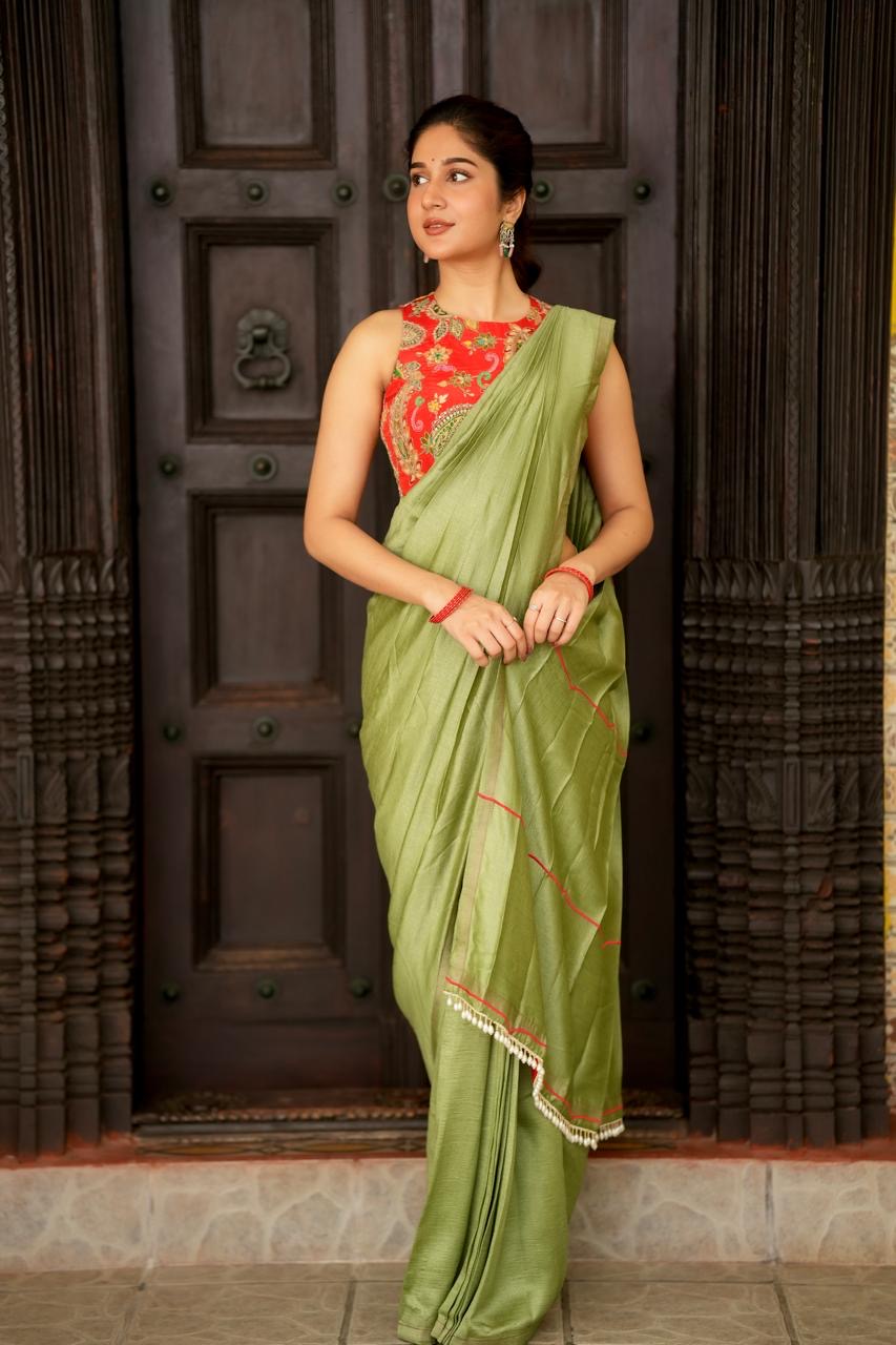 Green marble silk saree with heavy embroidery blouse