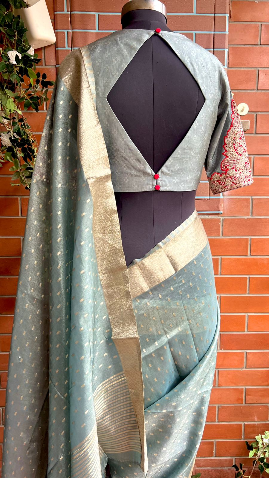 Grey banarasi saree with heavy embroidery blouse
