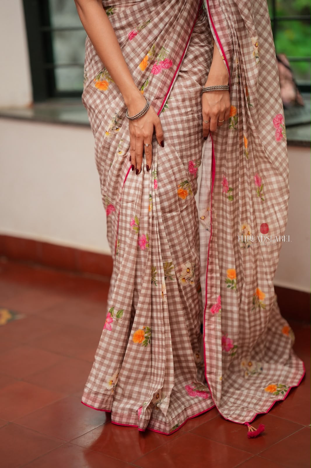Brown checked mul cotton saree with hand work blouse