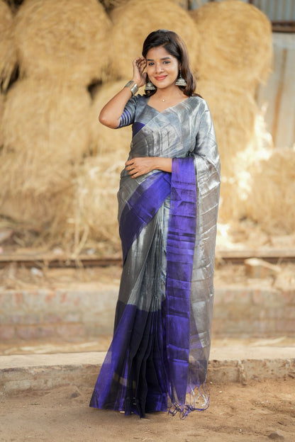 Silver grey blue soft tissue saree with handwork blouse
