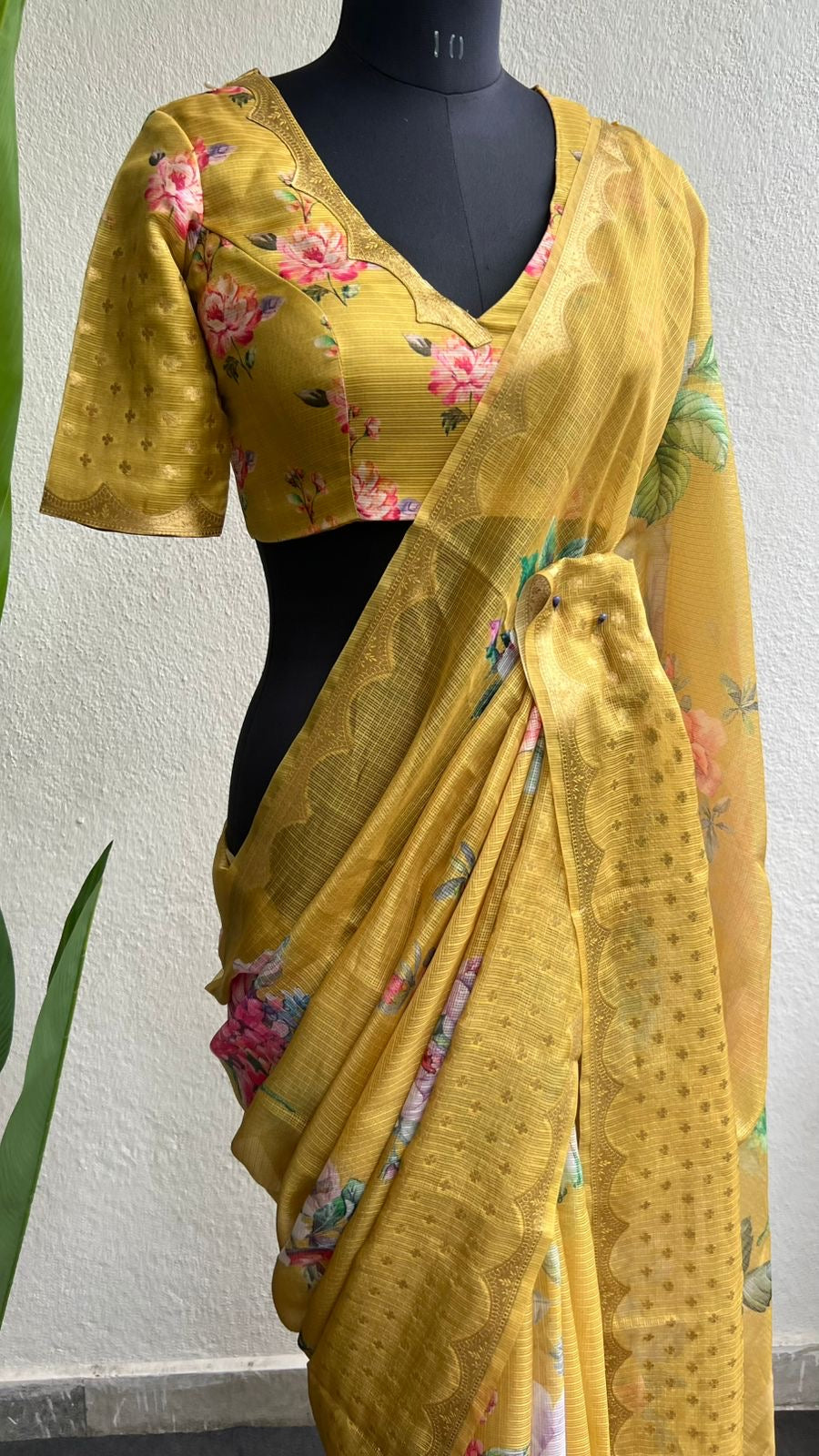 Yellow kota floral saree with blouse