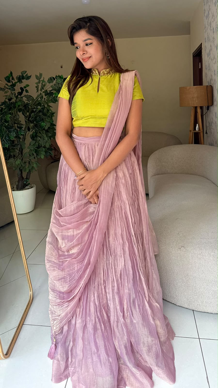 Purple pink tissue hand work lehenga