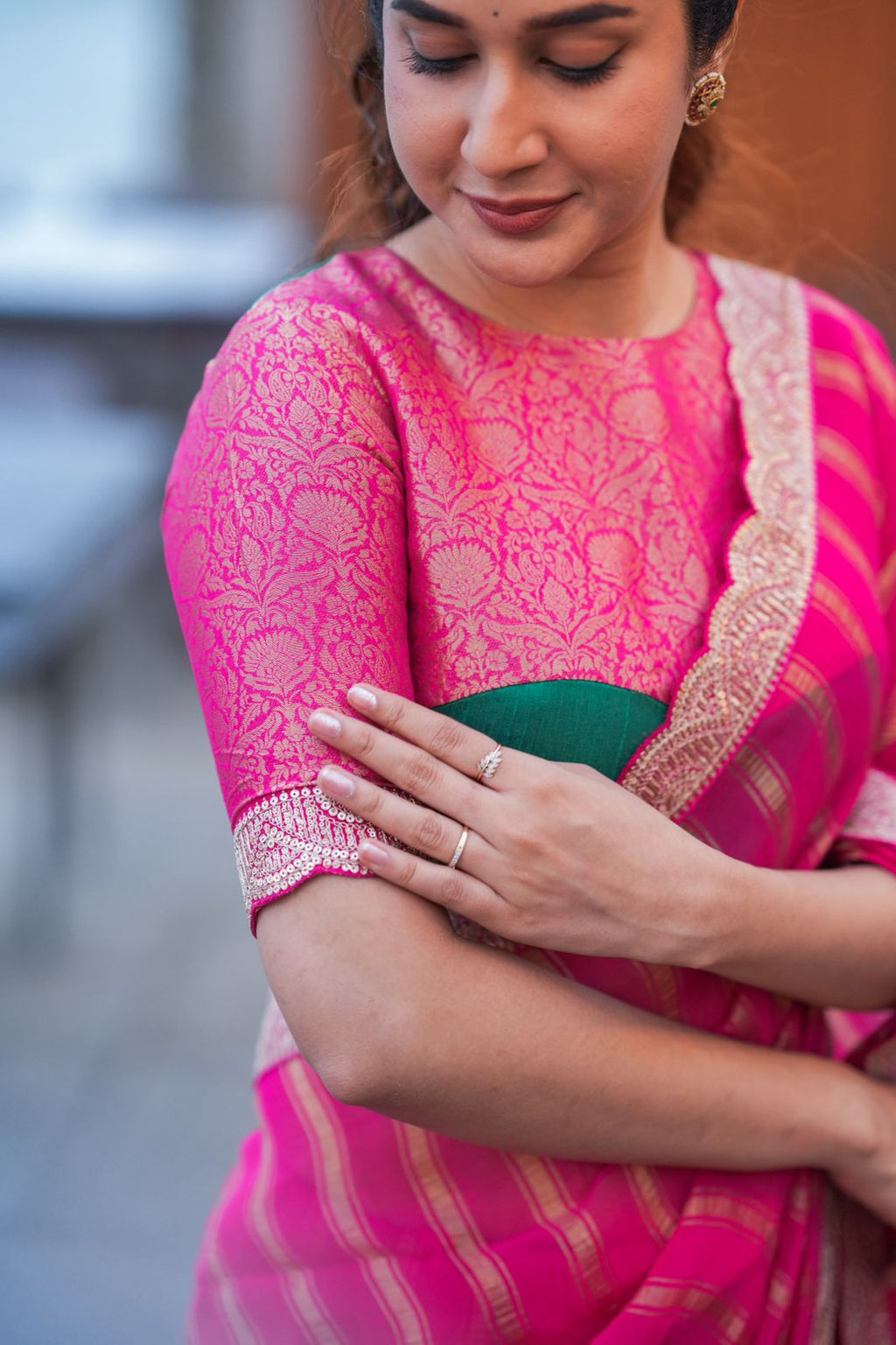 Pink organza silk saree with banarasi blouse
