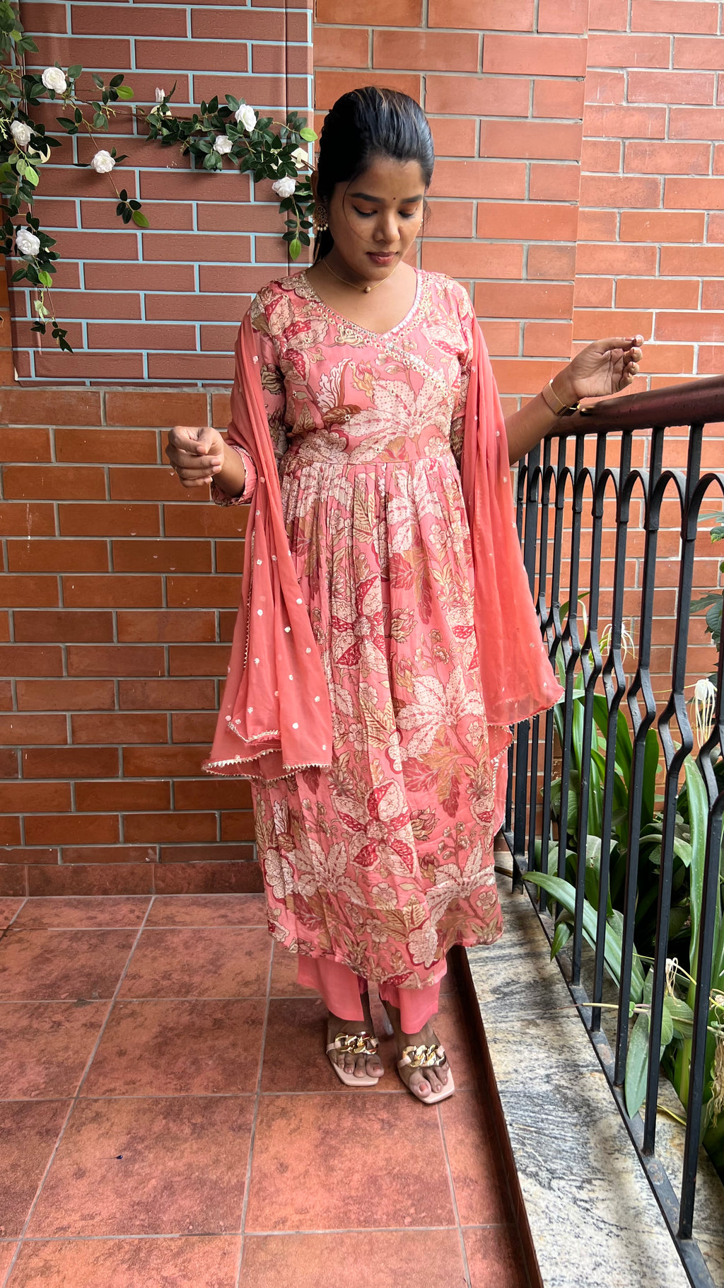 Peach Chinnon floral printed 3 piece kurti suit