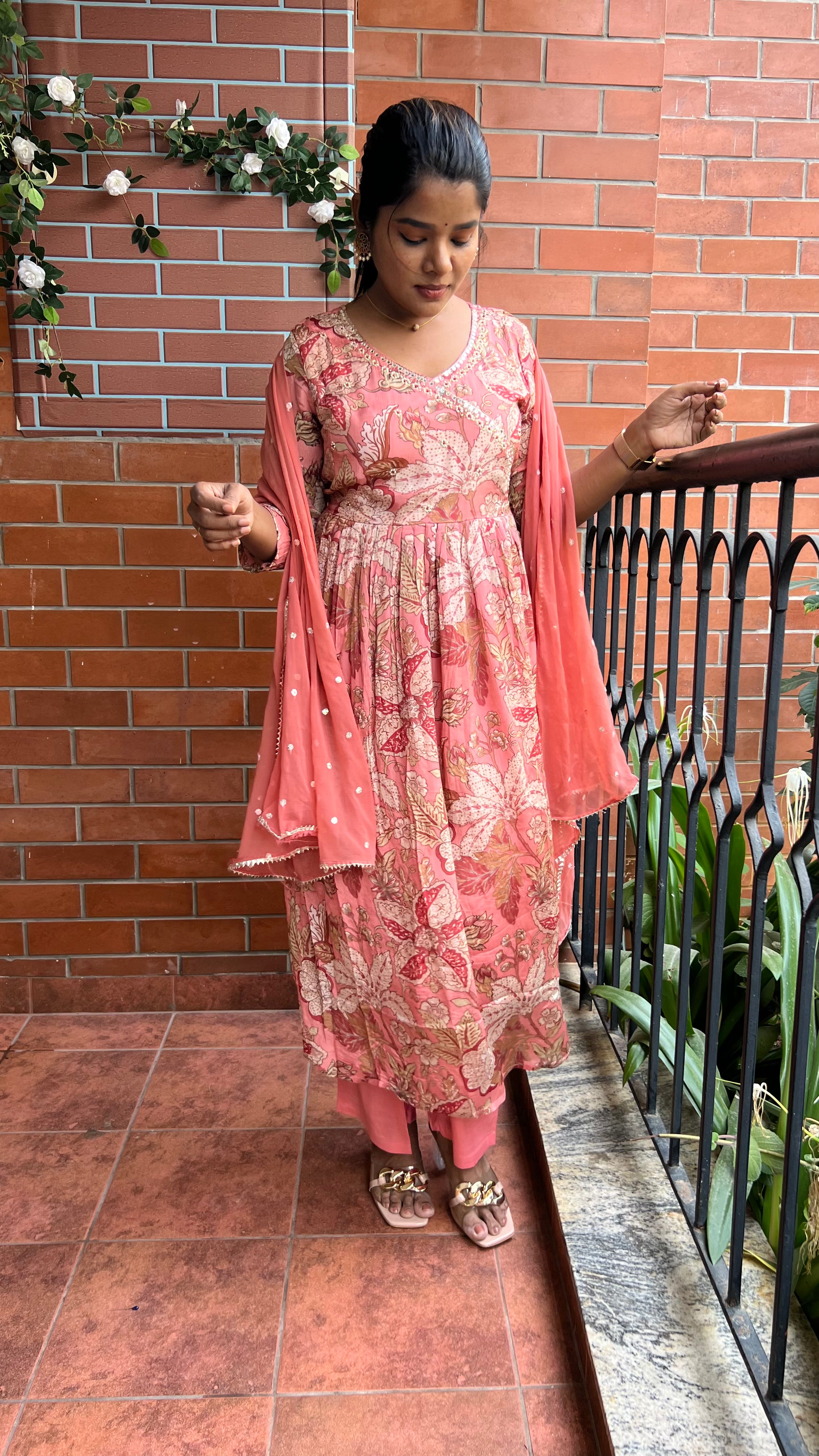 Peach Chinnon floral printed 3 piece kurti suit