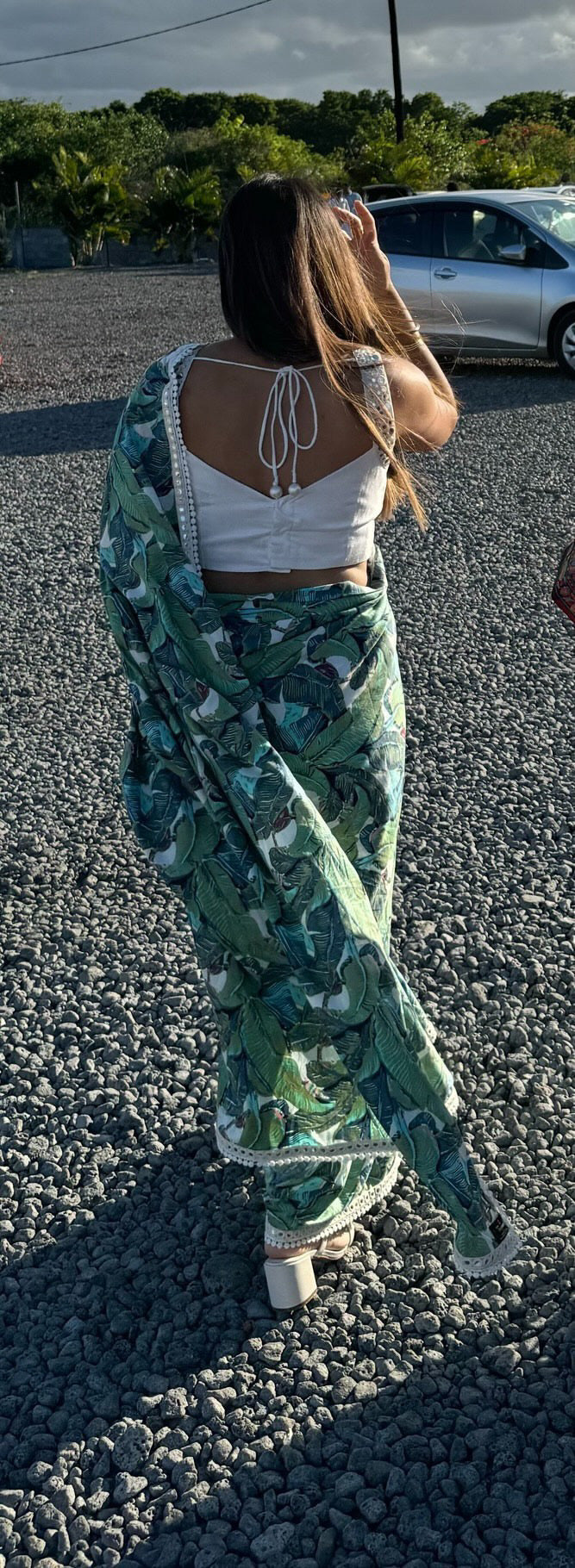 Green floral cotton saree with mirror worked blouse
