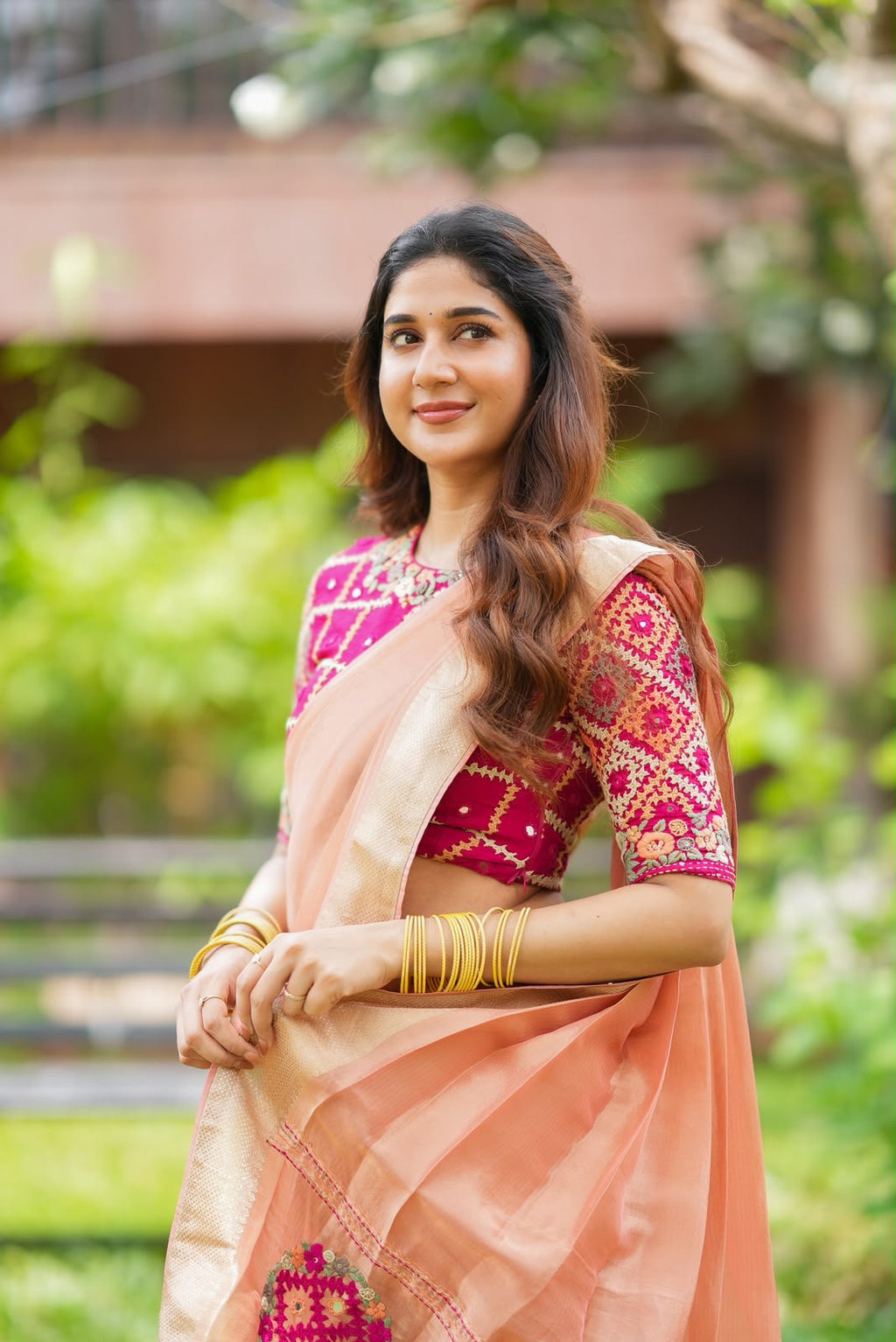 Peach banarasi saree with silk hand work blouse