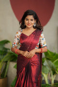 Wine soft tissue saree with floral blouse