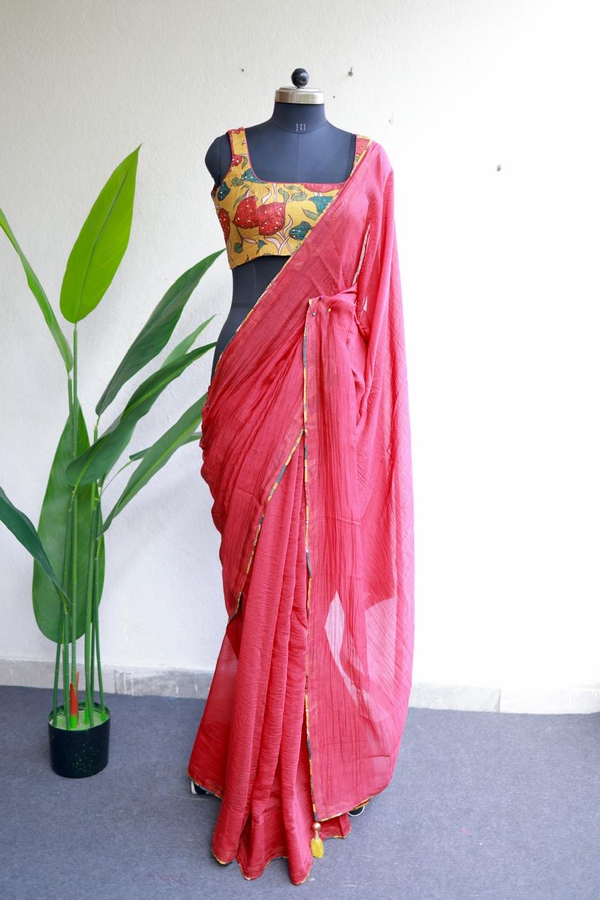 Red chanderi cotton saree with kalamkari handwork blouse