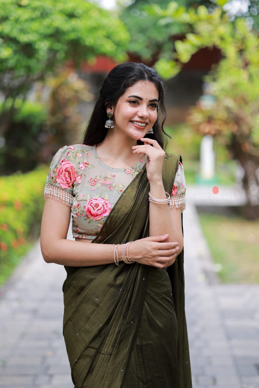 Bottle green Marble Saree with Handwork Blouse