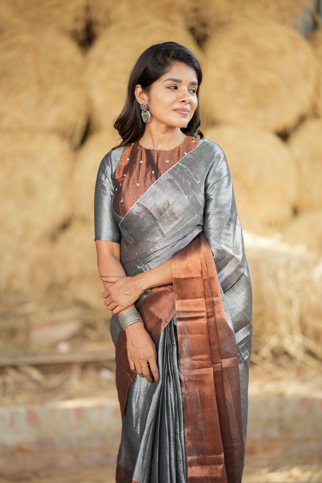 Silver grey brown soft tissue saree with handwork blouse