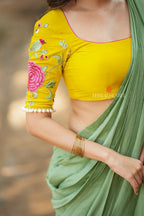 Yellow silk floral embroidery blouse (only blouse)