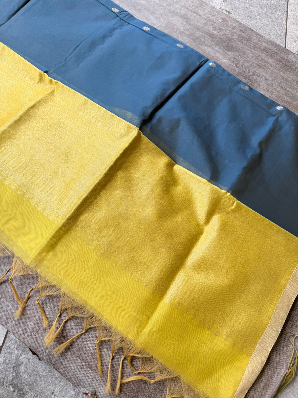 Yellow & blue chanderi 3 piece kurti