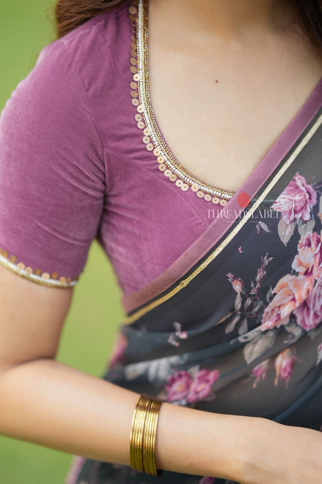 Mauve pink velvet hand work blouse (only blouse)